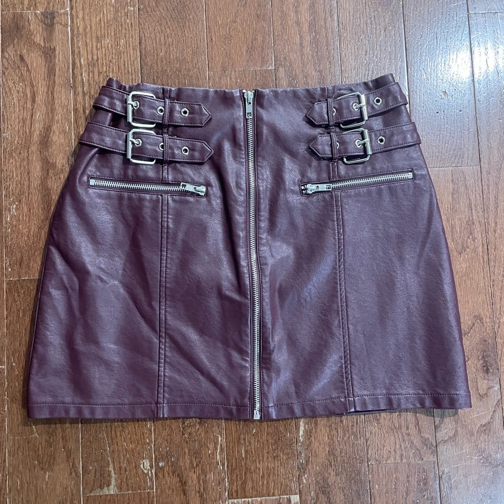 Forever 21 Aubergine Faux Leather Mini Skirt with Silver Buckle Accents